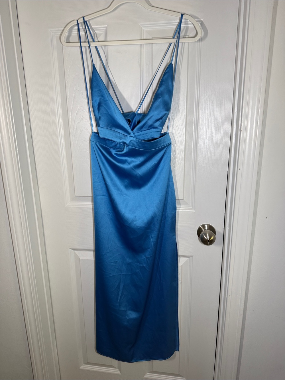 Zara Satin Slip Midi Dress in Bright Blue